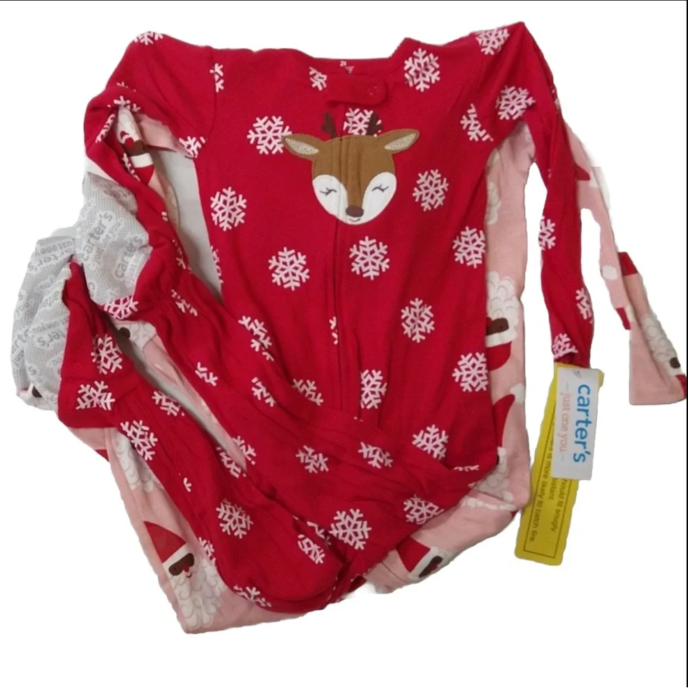 Carters Toddler Pink & Red Snowflake Reindeer Black Santa Footed Pajama Set New!
